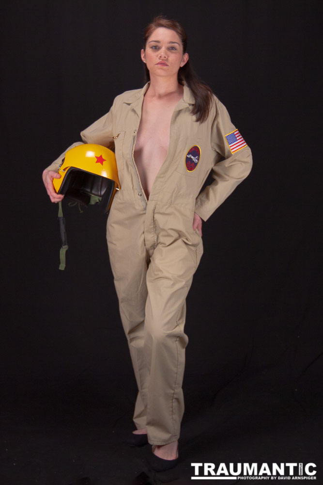 Lindsey was visiting and wanted to shoot, and I had an idea for a pinup based on a pilot's helmet I had recently been given.  So we went to a local military surplus and whipped up a pilot costume and did this shoot.